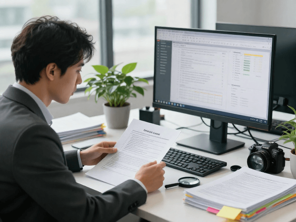 Document fraud detection expert analyzing suspicious documents in a modern office setting.