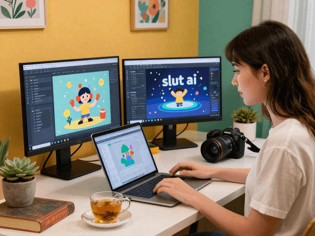 Engaging with slut ai technology in a vibrant home office.