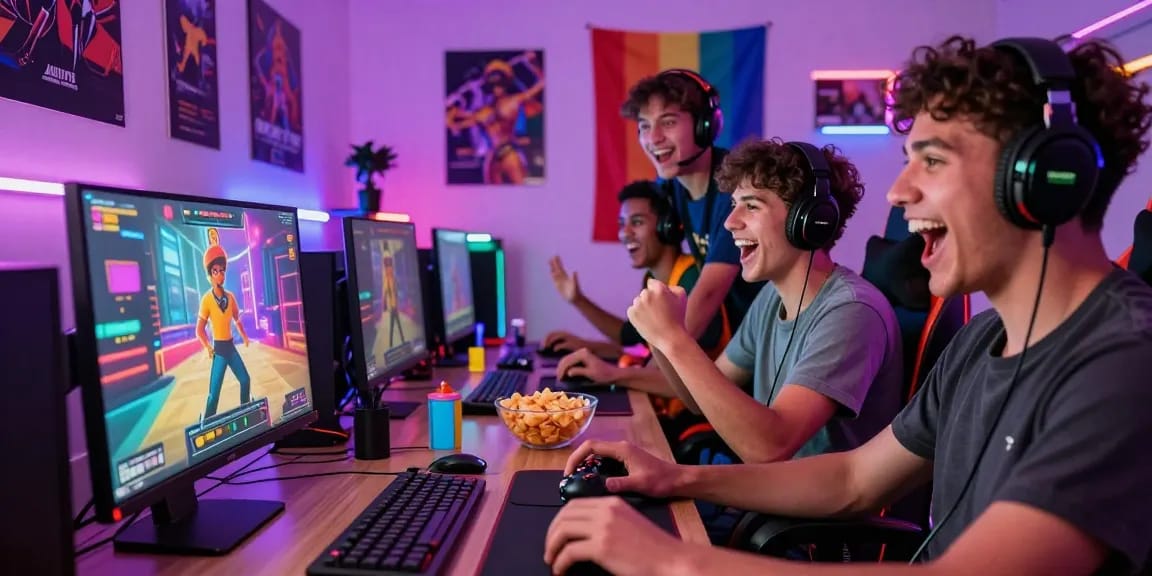 Friends joyfully playing a gay sex game together in a colorful gaming room atmosphere.