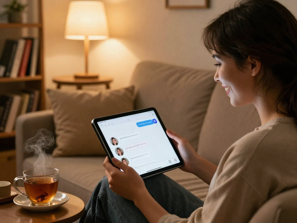 User enjoying a personalized sex chat AI interaction in a cozy home setting.
