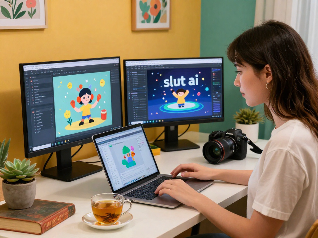 Engaging with slut ai technology in a vibrant home office.