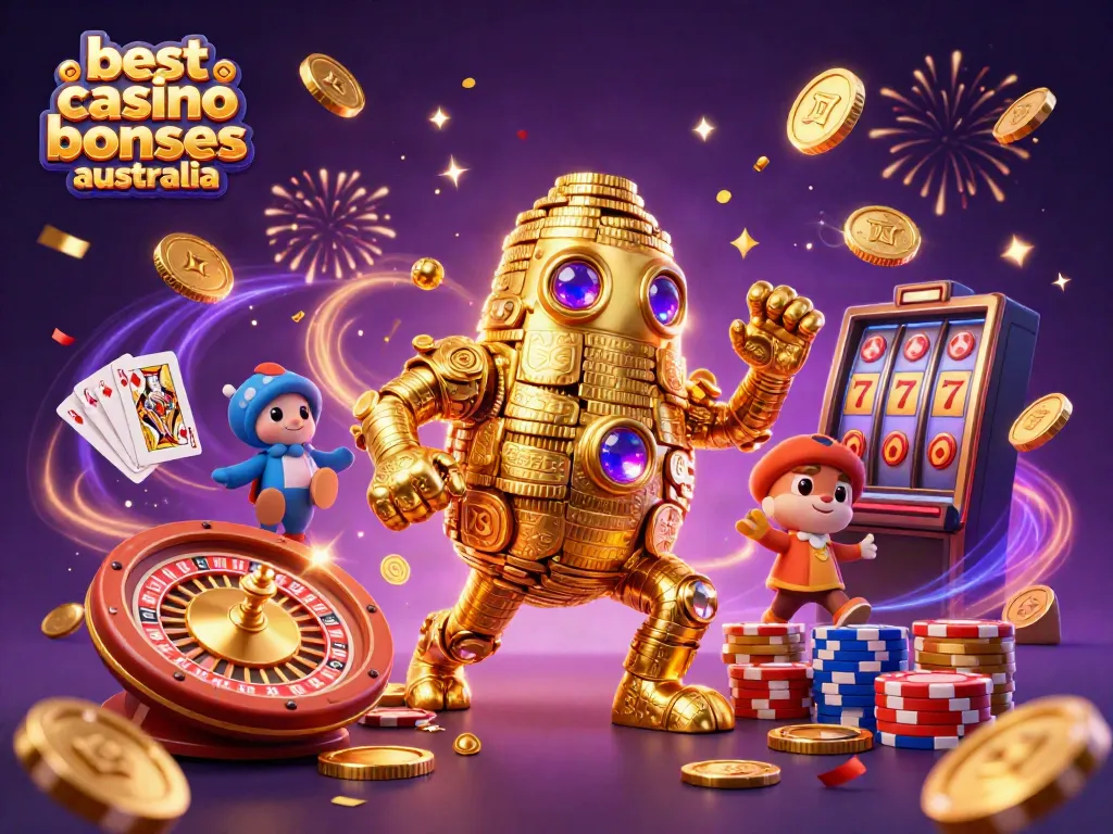 Engage with the best casino bonuses Australia through a vibrant 3D illustration of a gold golem amidst casino elements.
