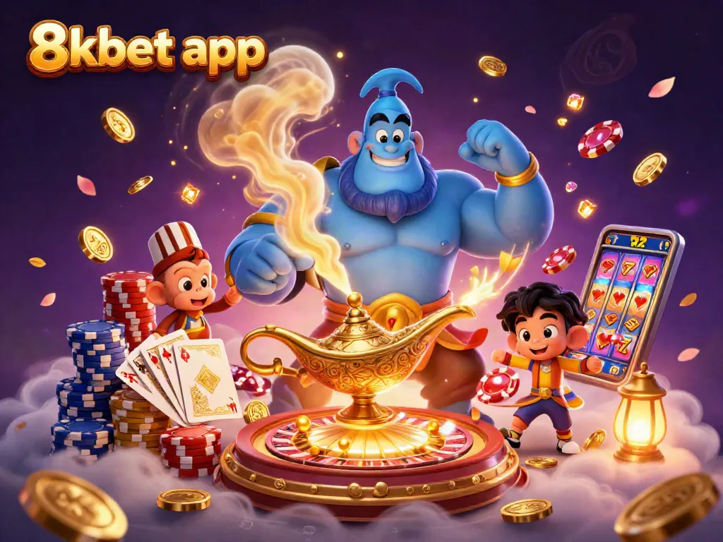 Experience the thrill of the 8xbet app with colorful poker chips and a magical genie illustration.