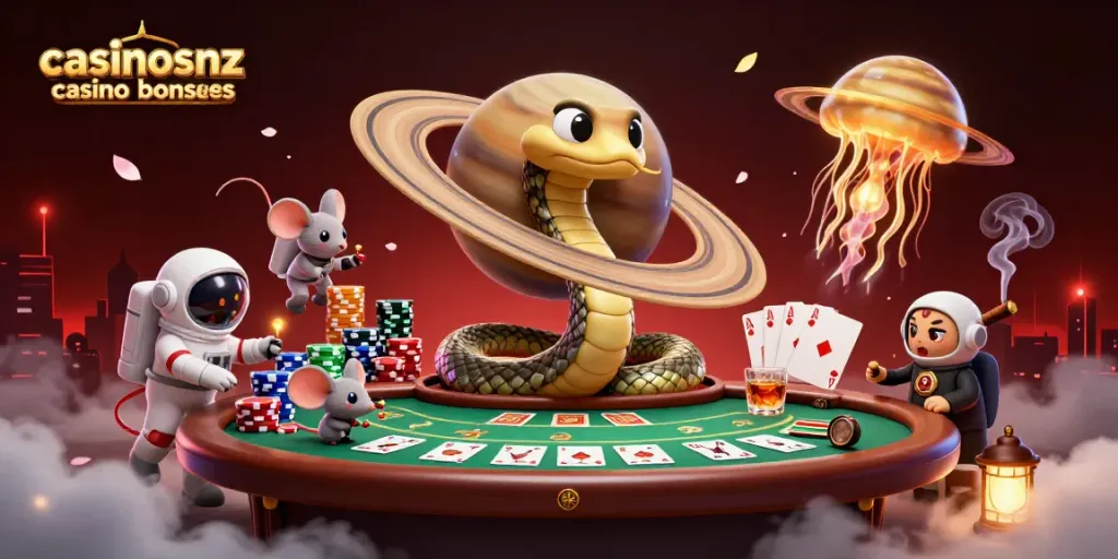 Experience thrilling action with casinosnz casino bonuses as astronaut mice bet on a cosmic roulette wheel.