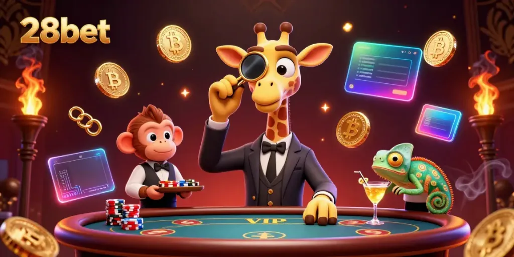 Bet confidently with 28bet as the high-roller giraffe and friends enjoy the VIP casino experience.
