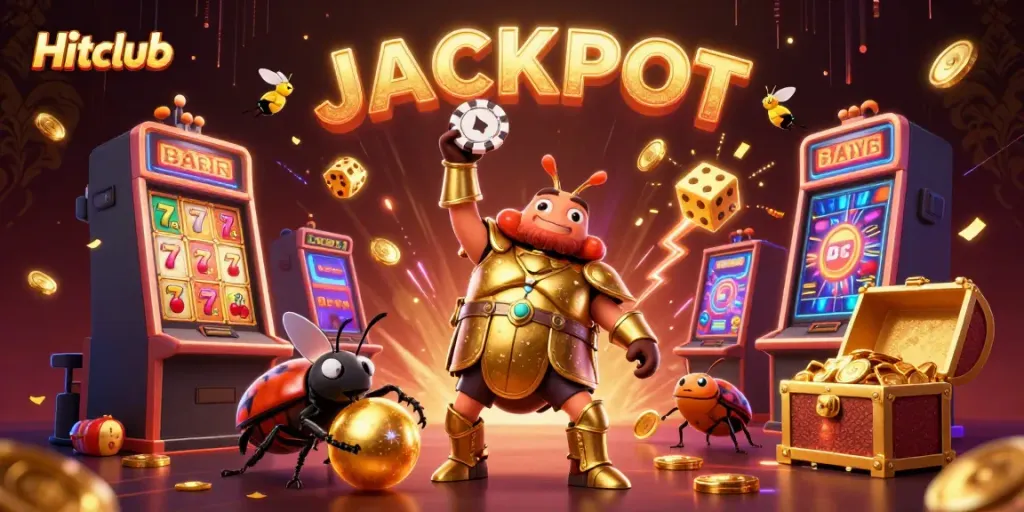 Experience the Hitclub gaming adventure with a triumphant beetle and jackpot elements in a vibrant casino scene.