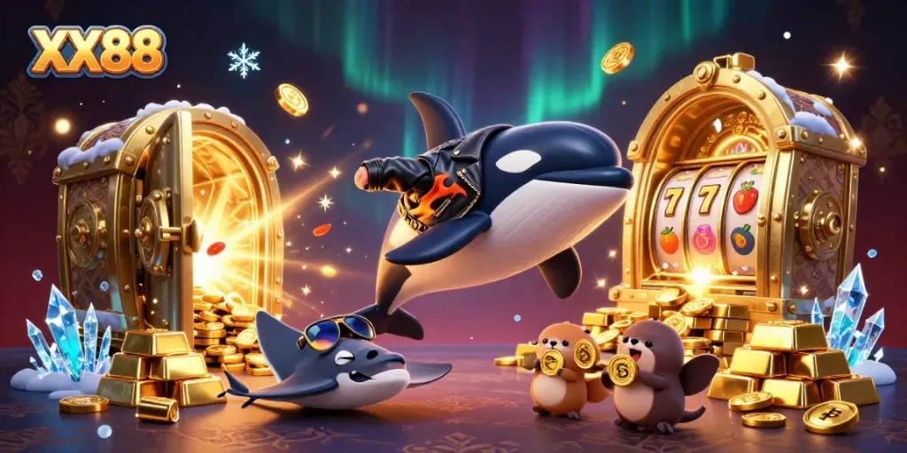 Join the action with XX88 featuring a vibrant scene of a cartoon whale and otters surrounded by casino treasures.
