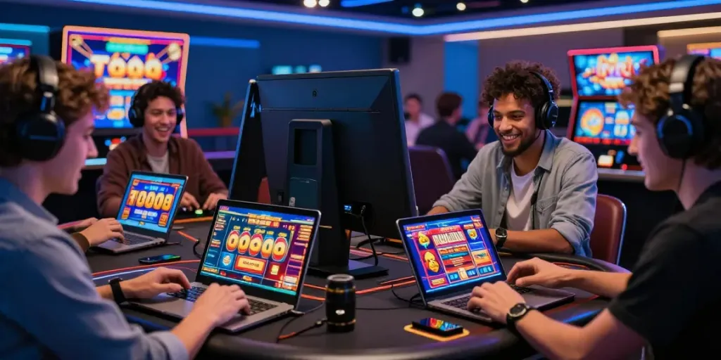 Excited players engaging on online casinos that accept credit cards with vibrant screens and bonuses.