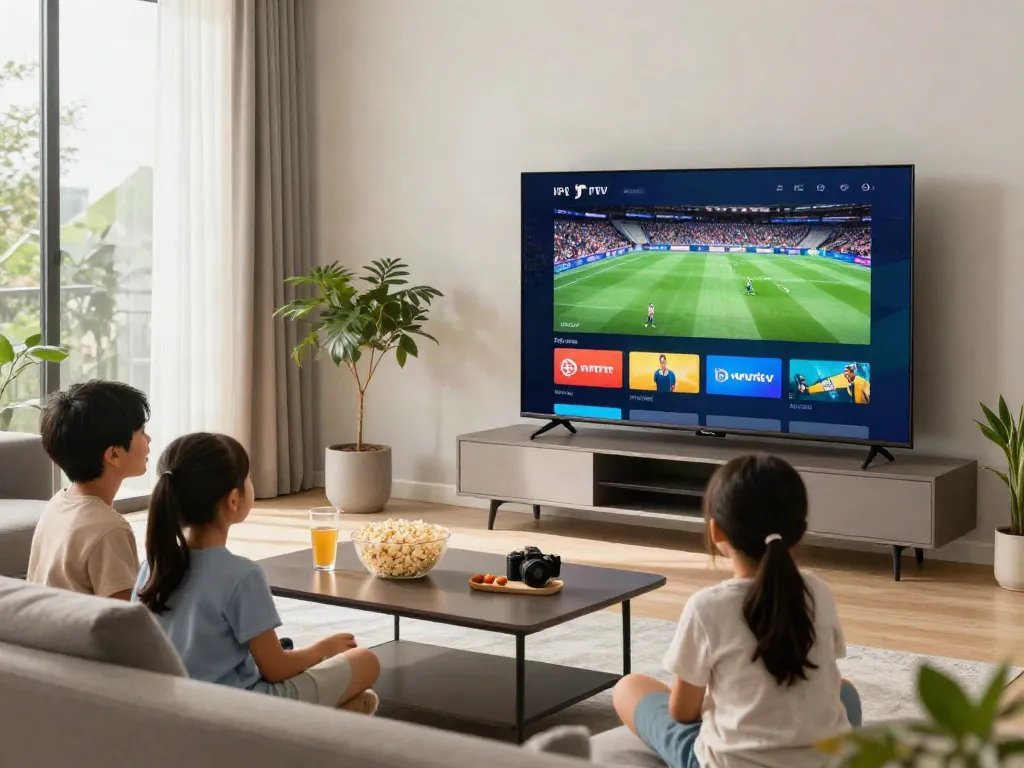 Family enjoying IPTV streaming in a cozy living room, showcasing live sports and entertainment.