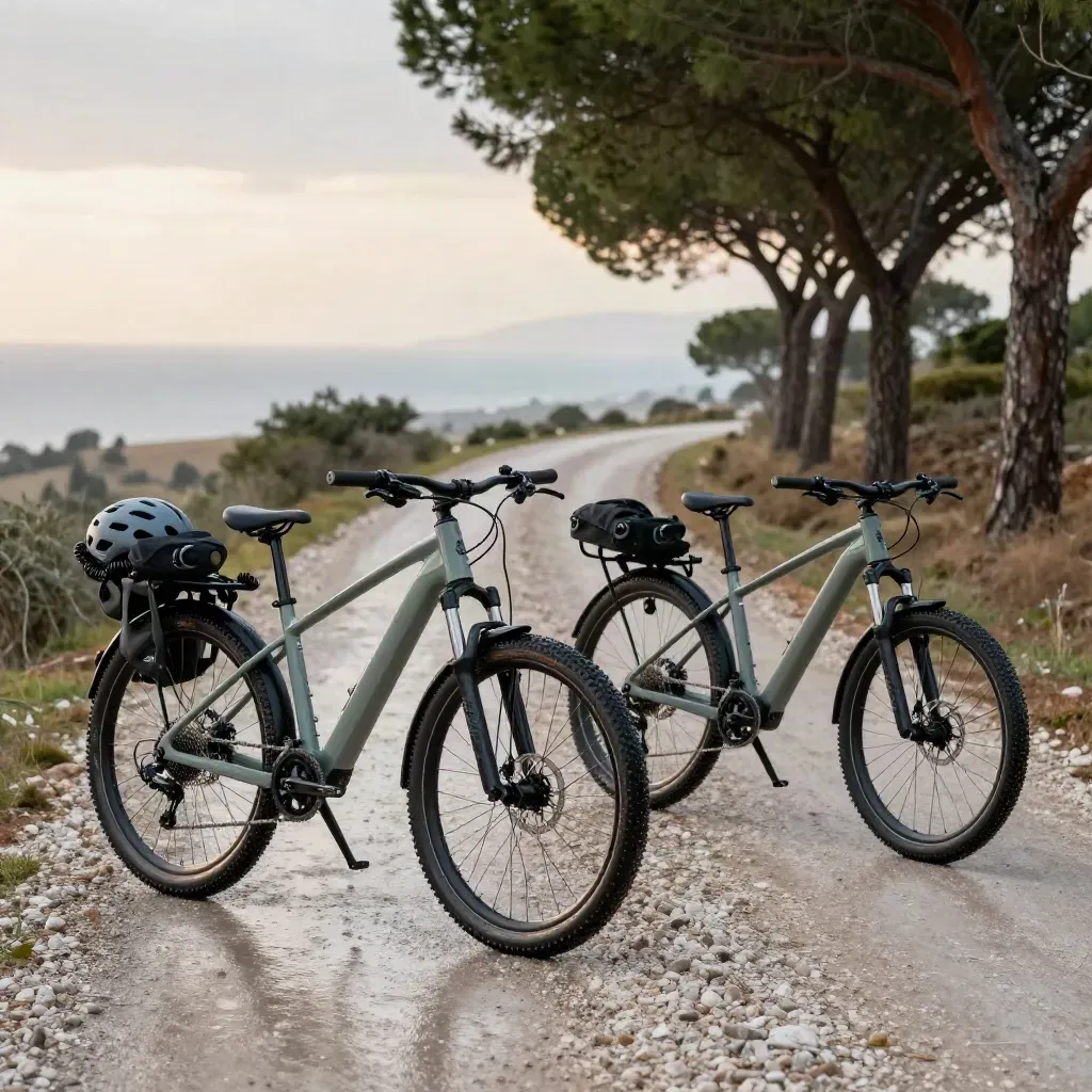 Quattro e-bike e due MTB su strada bianca bagnata tra pineta e costa all’alba dopo il temporale.