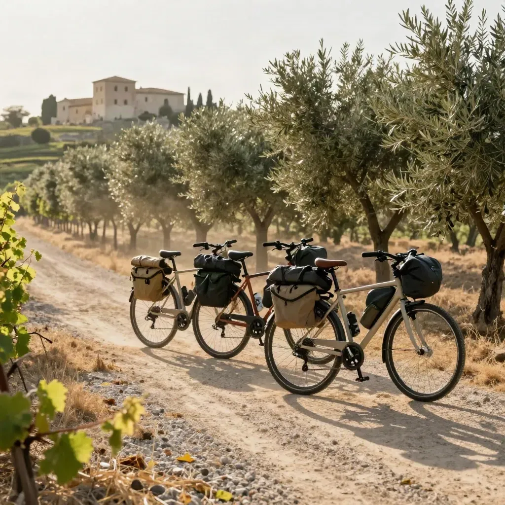 Tre bici da turismo tra vigneti e ulivi, con borgo di pietra sullo sfondo.