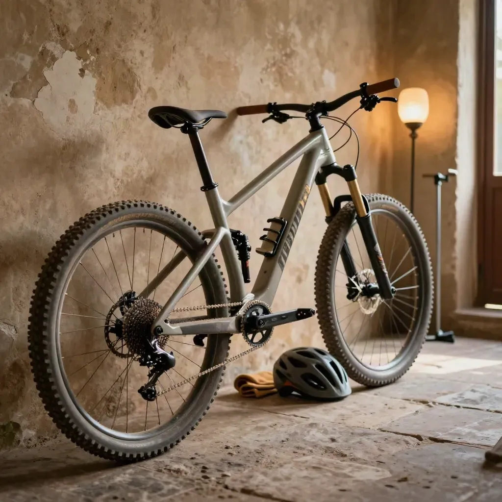 MTB impolverata con protezioni leggere accanto a un muretto di tufo, luce calda e polvere in aria.