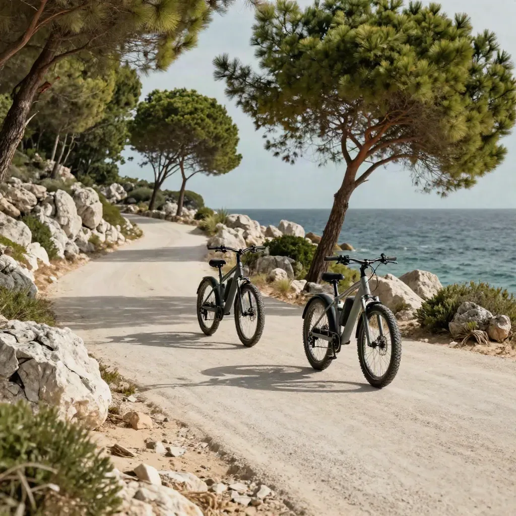 Due e-bike in curva costiera tra pineta, rocce chiare e mare, con spruzzi salmastri