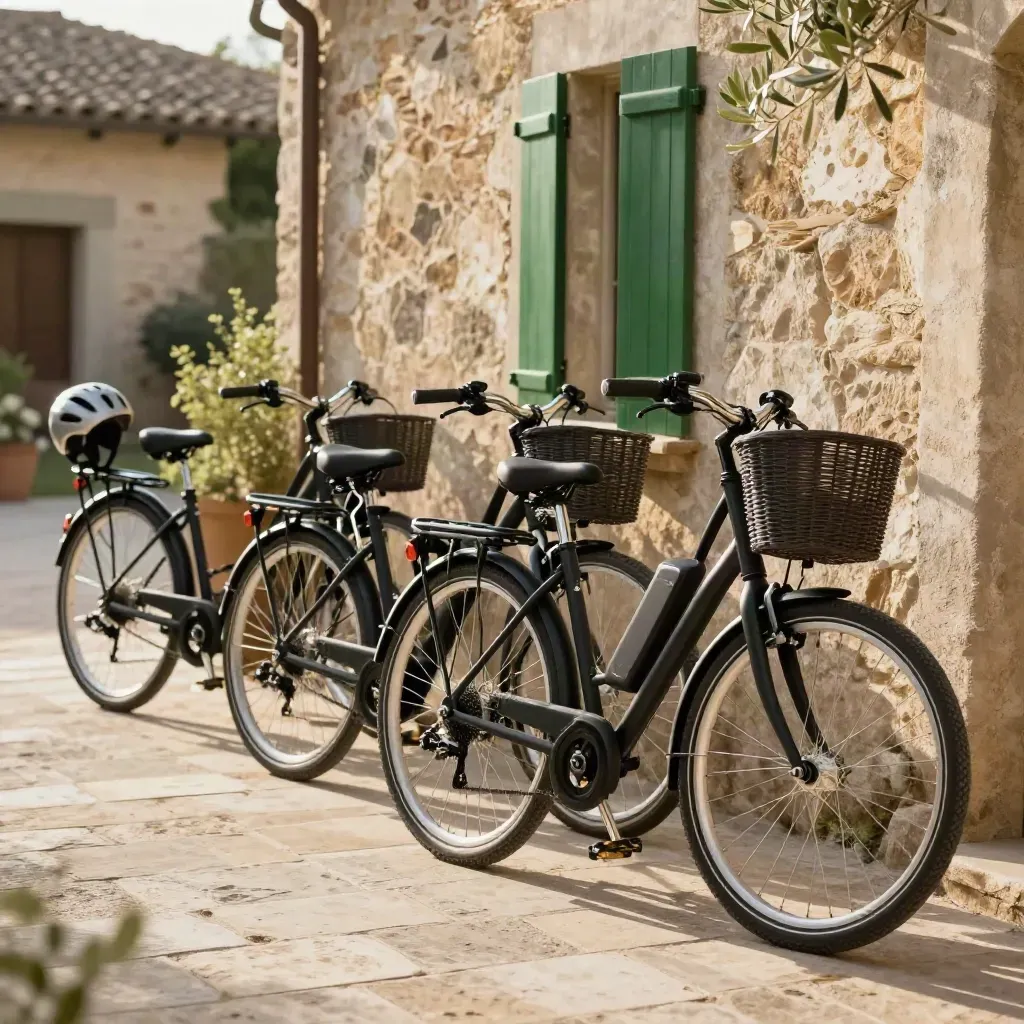Fila di e-bike pronte davanti a un agriturismo in pietra, con caschi e cestini laterali.