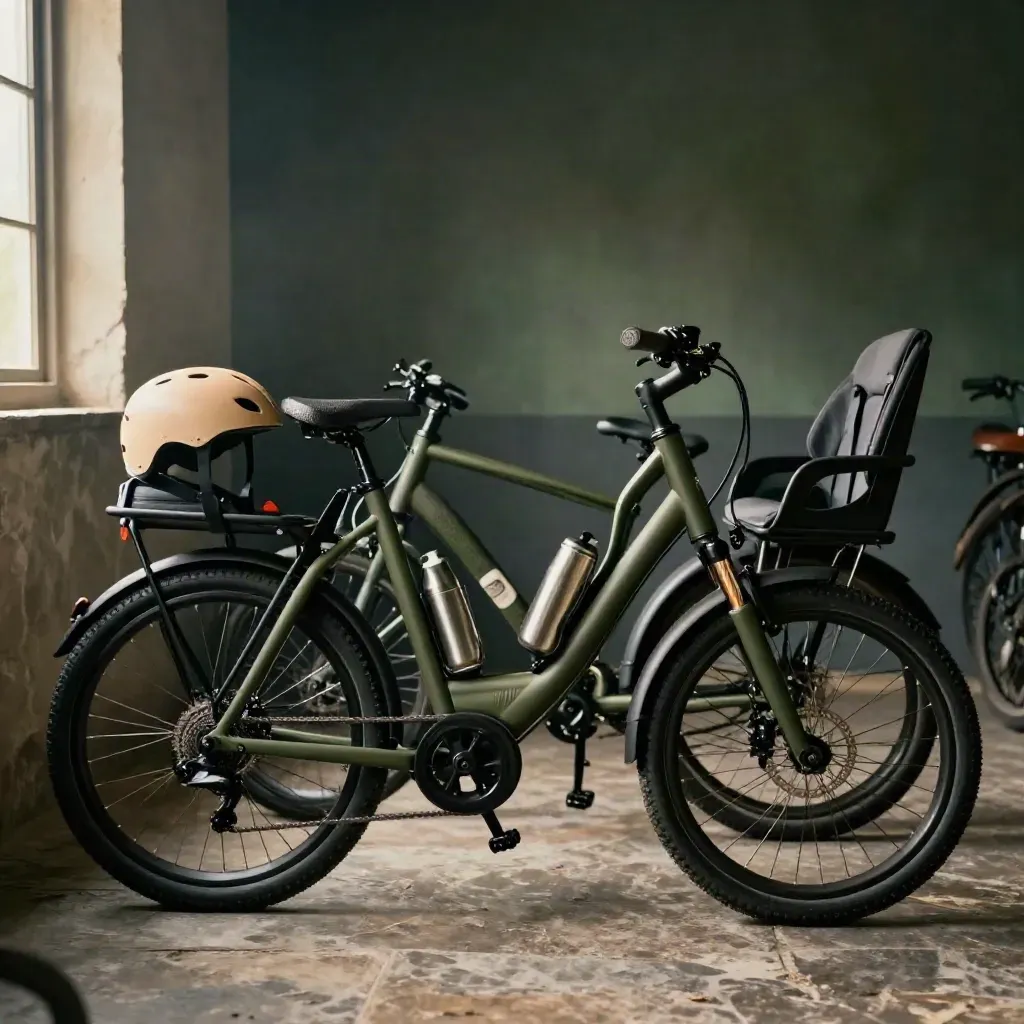 Due e-bike, casco junior, seggiolino posteriore e borracce in un vano bici buio e cinematico.