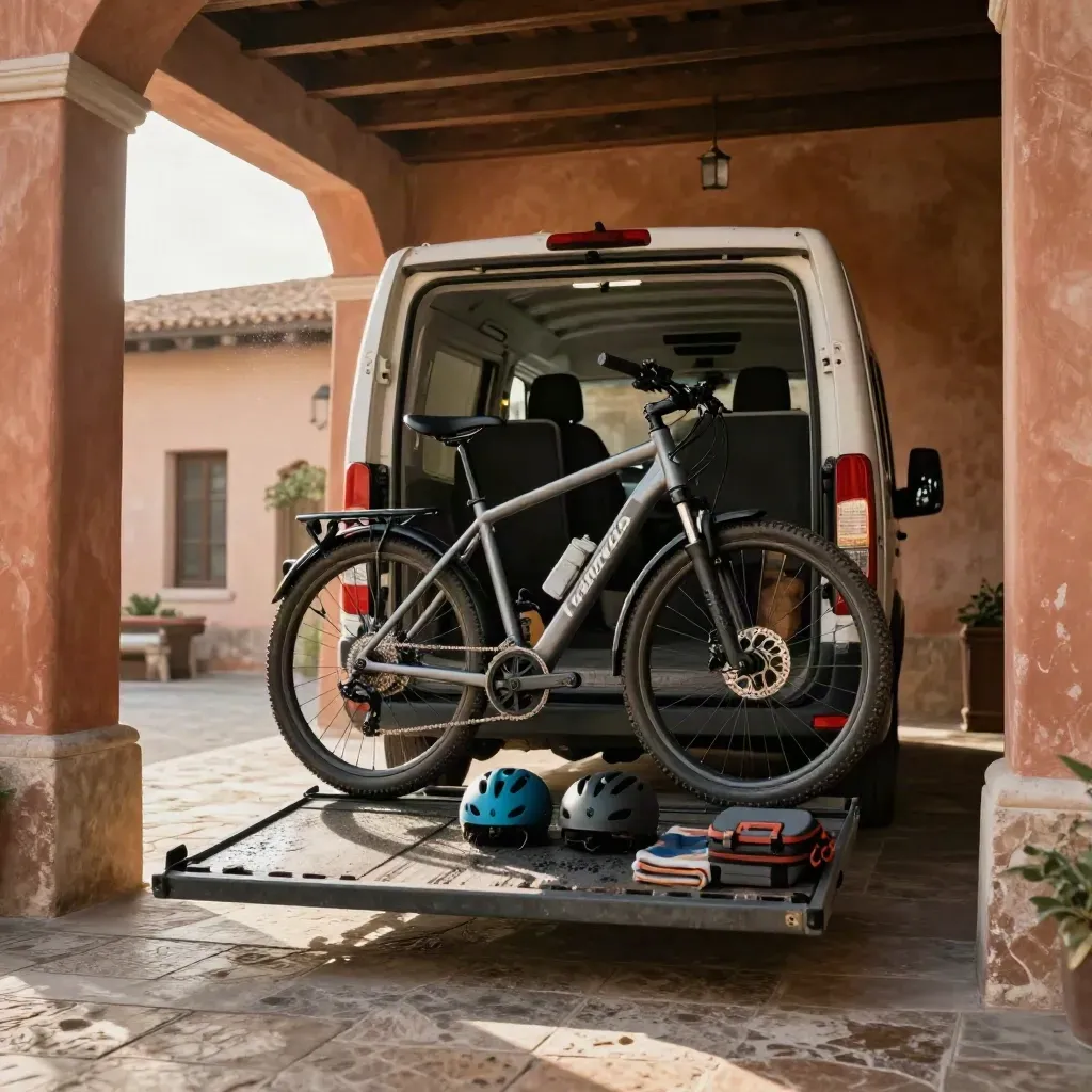 Furgone assistenza con due e-bike e caschi sotto il portico di un agriturismo toscano.