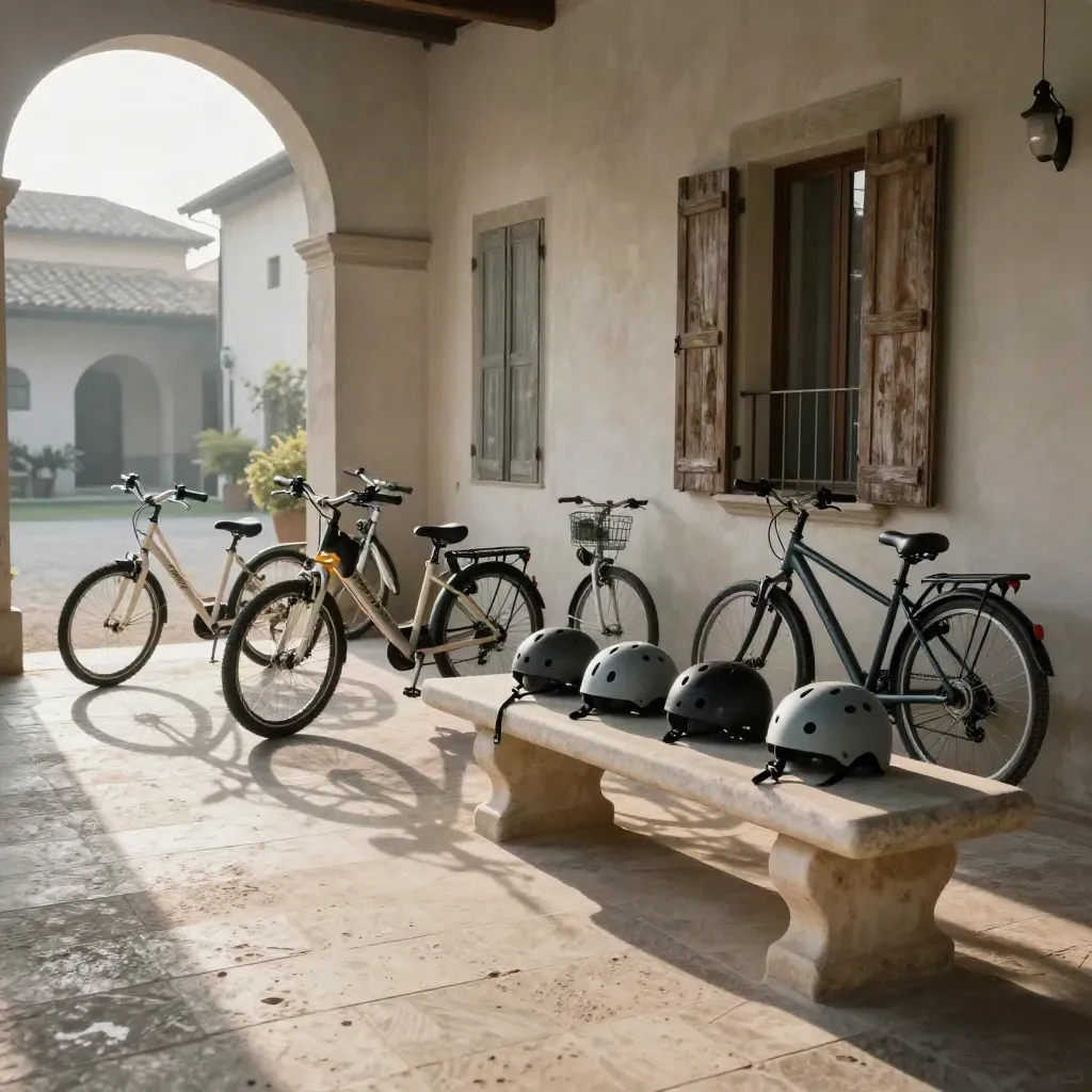 Cortile d’hotel con e-bike consegnate, caschi e seggiolino pronti sotto il portico.