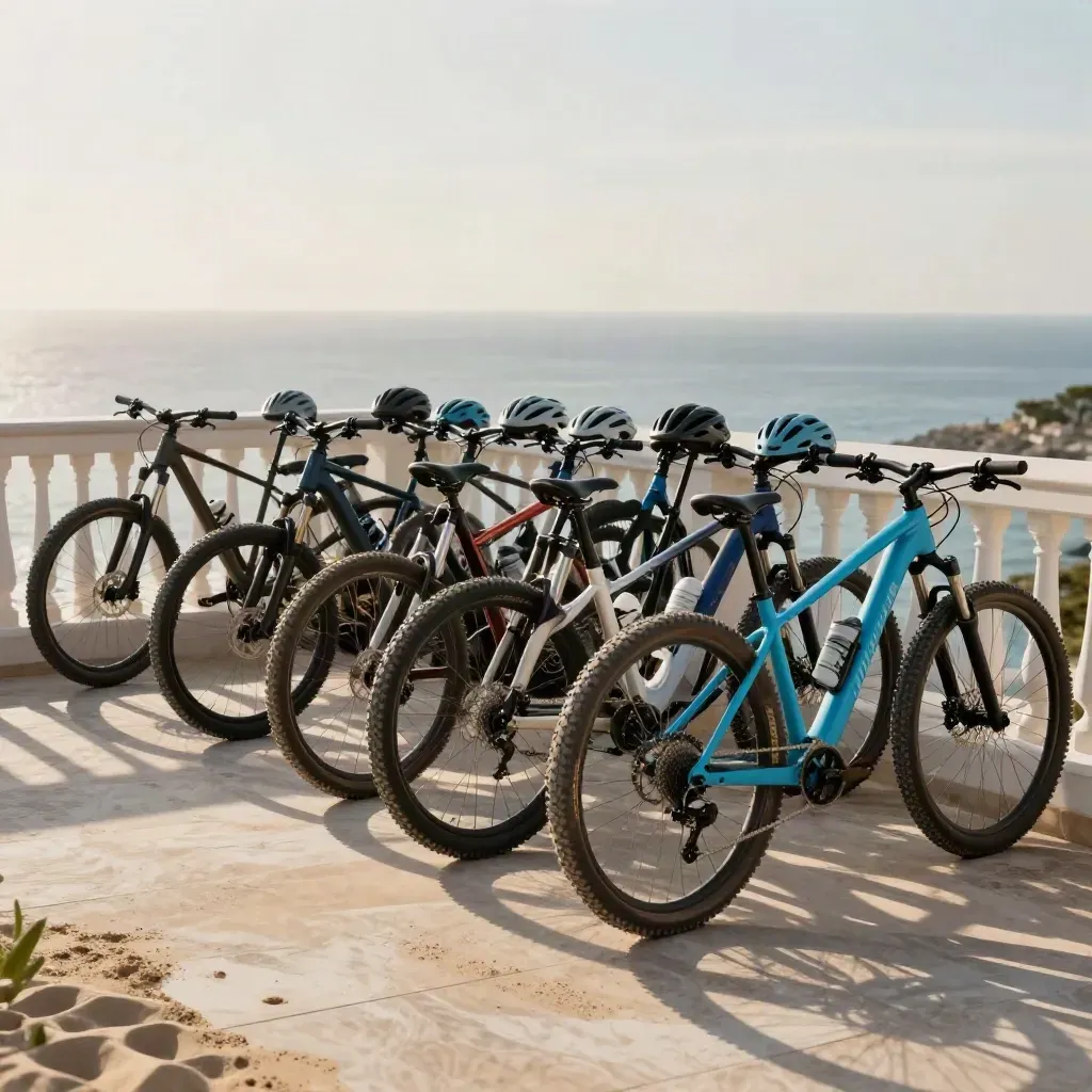 Quattordici bici e caschi allineati su terrazza vista mare, luce calda e aria velata.