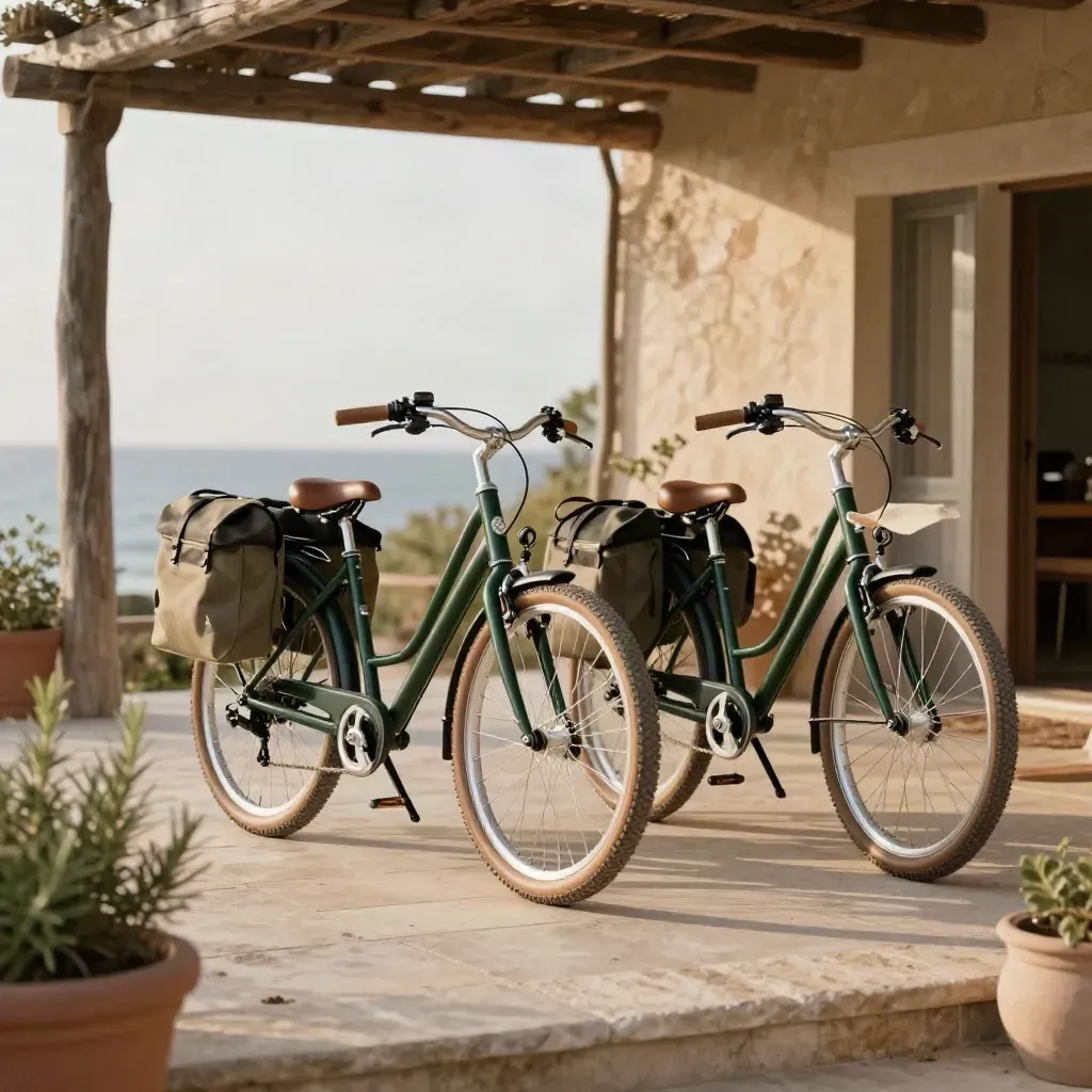 Due e-bike pronte su patio in pietra di agriturismo con vista mare, luce calda del tardo pomeriggio.