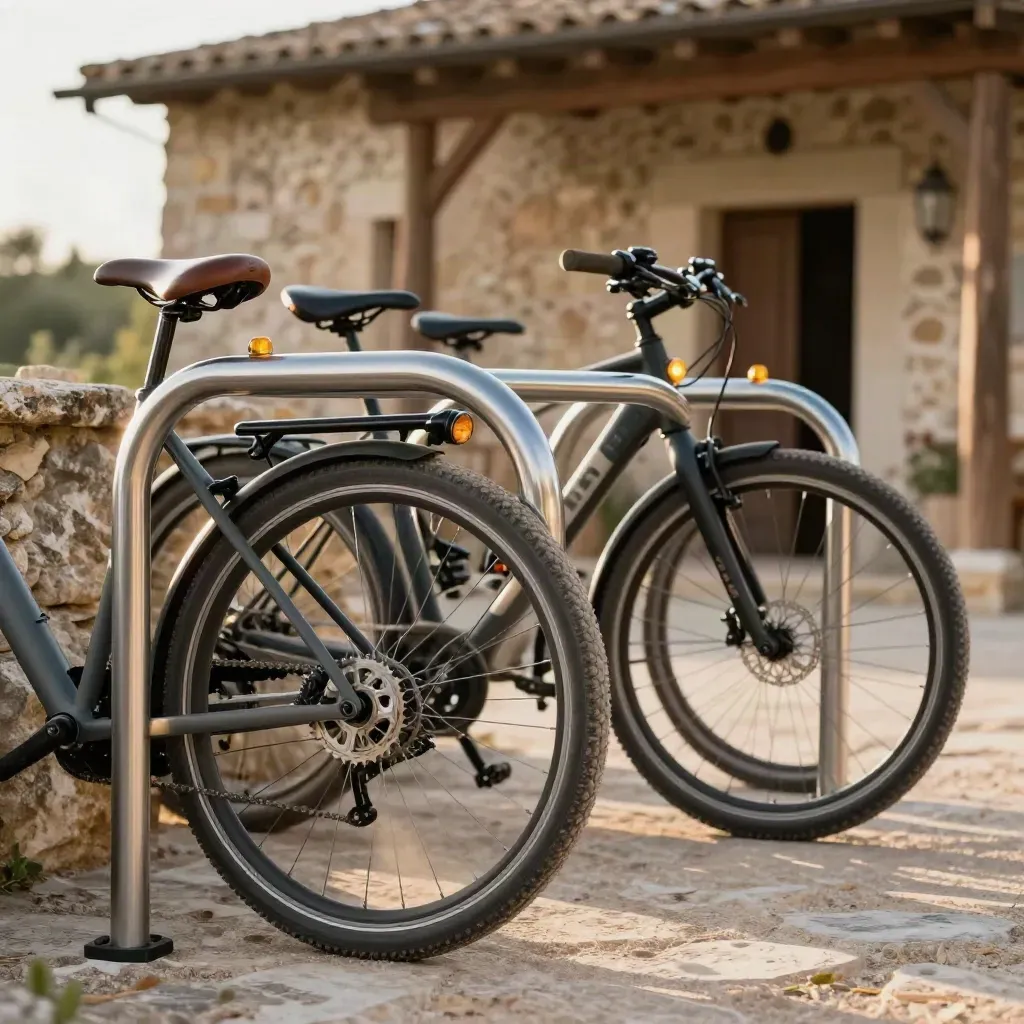 Rastrelliera di e-bike davanti a un casale in pietra, caschi e luci pronte nel sole.