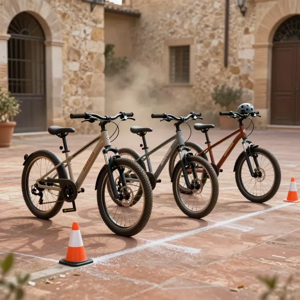 Tre bici junior, caschi piccoli e coni riflettenti in un cortile sicuro e silenzioso.