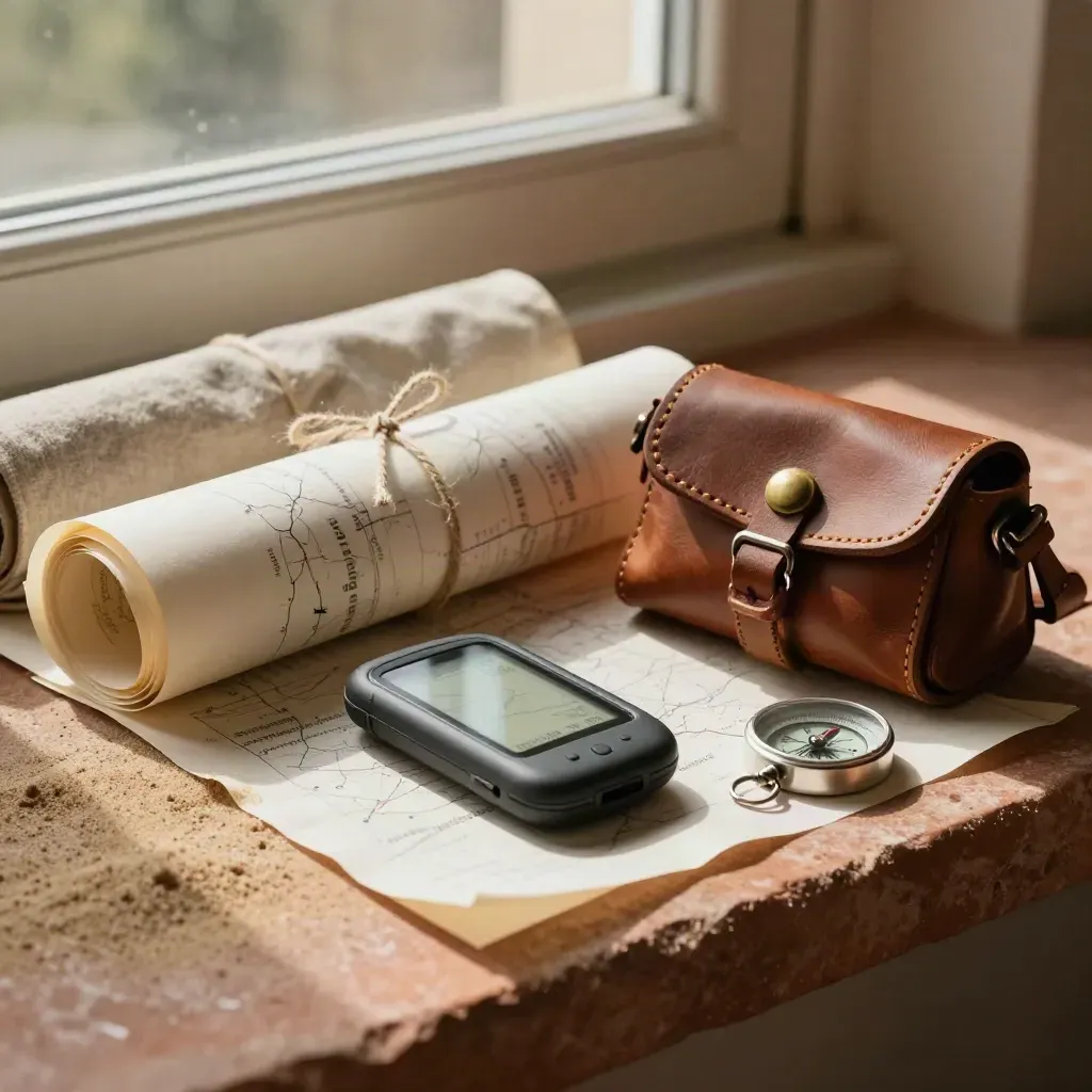 Kit da percorso con itinerari arrotolati, custodia GPS, sacca da sella e bussola su pietra.