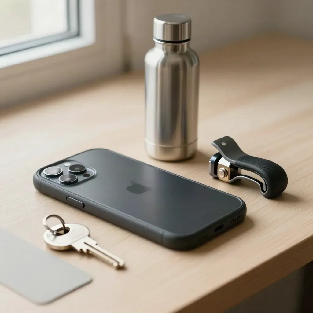 Smartphone spento, chiave alloggio, mini borraccia e supporto manubrio su legno chiaro.