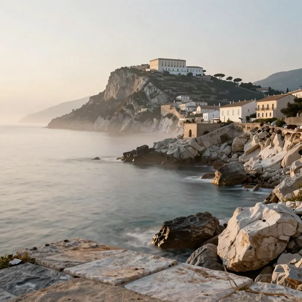 Monte Argentario all’alba con costa rocciosa e Porto Santo Stefano immerso nella foschia.