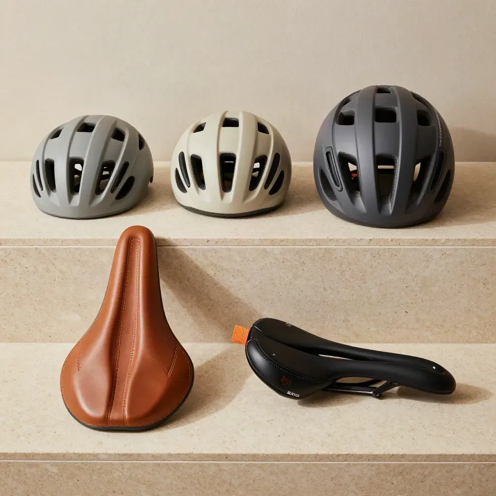 Caschi di varie misure e due selle su pietra, per scegliere bici e tour