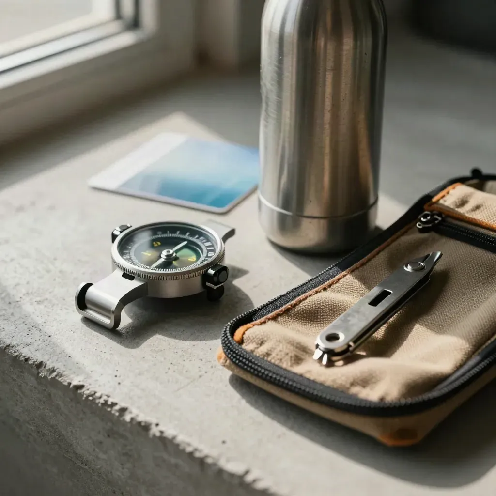 Kit bici ordinato con supporto GPS, borraccia e multitool in borsa di tela su fondo neutro