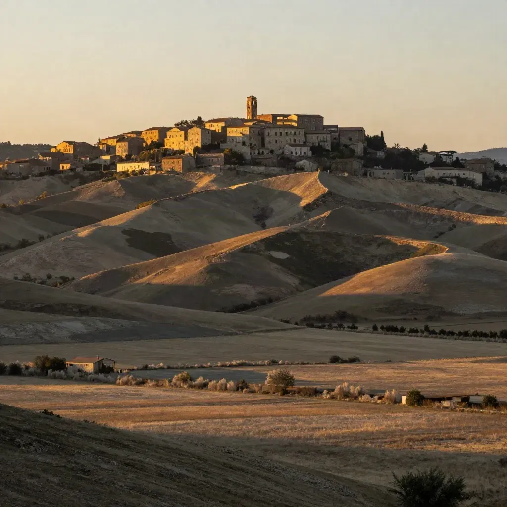Massa Marittima sui colli metalliferi al tramonto, valle ampia e silenziosa.