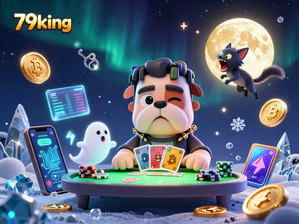 Engage with 79king as a Frankenstein bulldog monster deals cards amidst a ghost mouse and gold moon.