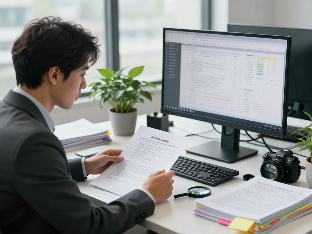 Document fraud detection expert analyzing suspicious documents in a modern office setting.